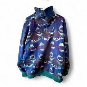 Retro Fleece- 80's/90's Pattern- Pullover Size Large- Blue/Green- Zip Up